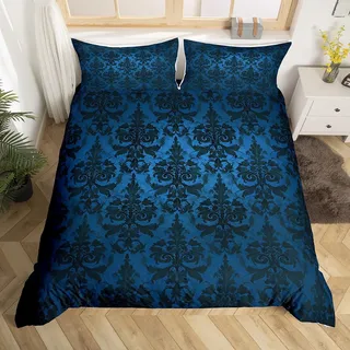 Homewish Gotische Bettwäsche Sets Erwachsene Schwarz Damast Bettbezug Set,Viktorianische Tröster Bezug 135x200 Vintage Barock Goth Bett Set Antik Schwarz Floral Böhmische Dekor,Blau