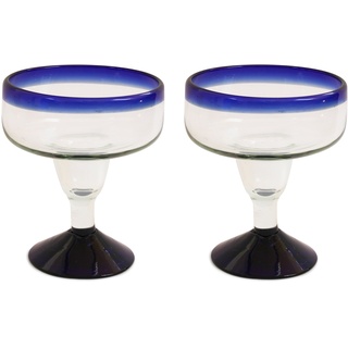 Handgemachtes Margarita Glas - mittlere Größe - recyceltes Glas - Blauer Rand - Set aus 2 Gläsern