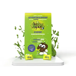 Happy Kidz Adventskalender 2025 | Glückskekse mit Wissensquiz & Motivationssprüchen für Kinder | Vegan, laktose- & palmölfrei | Schoko-Kekse mit 25. Türchen, Freundschaftsbändern & Sammelalbum