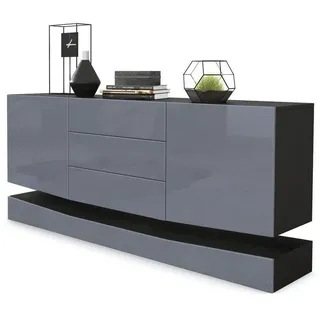 Vladon Sideboard City (Kommode, mit 2 Türen und 3 Schubladen), Schwarz matt/Grau Hochglanz (178 x 72 x 38 cm) grau