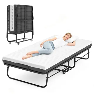 FentyOE Klappbett 80x190 cm Erwachsene mit ca.13 cm Matratze aus Gedächtnisschaum Gästebett Klappbar Metallrahmen Klappbetten mit Rollen Reisebett Faltbares Metallbett Stabil bis 210 kg belastbar