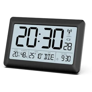 LATEC Wanduhr Digital, Digitale Wanduhr mit Temperaturanzeige und Feuchtigkeitsanzeige, Funkuhr Digital mit Hintergrundbeleuchtung, Datum, Wochentag, Groß, 20 x 13 x 1,2 cm (mit Batterien)
