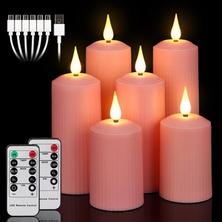 yunsheng Wiederaufladbare LED Kerzen mit 10-Tasten Fernbedienung, Outdoor Wasserdichte Flammenlose Kerzen mit 6/8H Timer, Römische Stumpenkerze im 6er Set (5.1x10.5/14/16.5cm), Rosa, Type-C