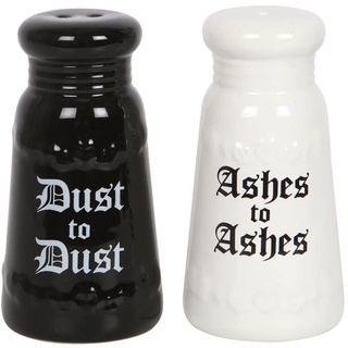 Auffälliges schwarz-weißes Salz- und Pfefferstreuer-Set – 10 cm x 5 cm (1 Set) – gotisches Menage-Set mit weißer Keramik-Mage (Asche zu Asche) und schwarzer Menage (Staub zu Staub), perfekt für Salz-