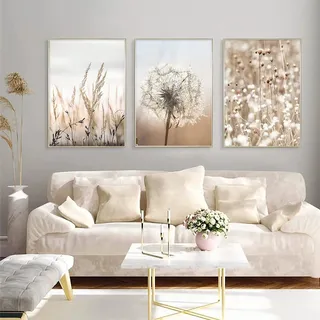 Trayosin 3er Premium Poster Set,Moderne Bilder Wanddeko Wohnzimmer,Wandbilder Schlafzimmer,Boho Pampasgras Deko,Bilder Beige - ohne Bilderrahmen (B,40x50cm)