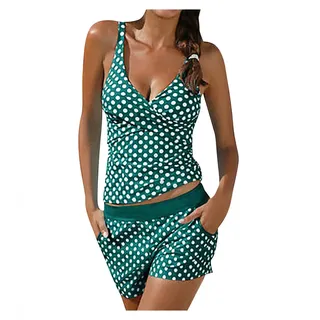 KEERADS Tankini Damen Bauchweg Push Up Polka Dot Bademode Oberteil + Short (L, Grün) - L