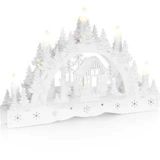 com-four® LED Kerzenbrücke, Schwibbogen als Weihnachtsbeleuchtung - Winterlandschaft aus Holz mit 5 LEDs - dekorativer Lichterbogen Holz-Pyramide [Auswahl variiert] (1 Stück - Eislandschaft)
