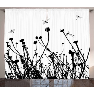 Gardine Schlafzimmer Kräuselband Vorhang mit Schlaufen und Haken, Abakuhaus, Schwarz und weiß Wiesenblumen schwarz|weiß 280 cm x 245 cm