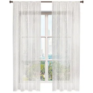 Woltu - Gardinen transparent Blumen Stickerei mit Kräuselband Leinen Optik, Doppelpack Vorhang Stores Voile Fensterschal Dekoschal für Wohnzimmer Schlafzimmer, 140x245 cm,