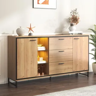Merax Kommode mit 3 Schubladen, Modernen Sideboard mit 2 Türen und verstellbaren Ablagen, TV-Tisch mit LED-Lichtstreifen, für Esszimmer, Wohnzimmer & Schlafzimmer, 160 x 40 x 85 cm, Holzfarbe
