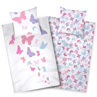 Aminata kids Bettwäsche Schmetterling 135x200 Mädchen 100% Baumwolle lila | Kinder Wende-Bettwäsche-Set Schmetterlinge bunt weiß mit YKK Reißverschluss | Tier-Motiv