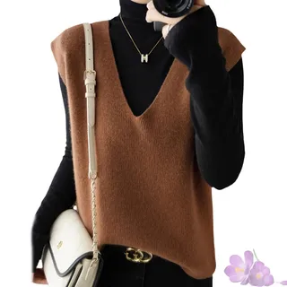 GDKRTNAJ Herbst/Winter Damen Strickweste aus Kaschmir, leichte, ärmellose Pulloverweste, Basic-Weste, lockere Oberteile (Brown,XL)