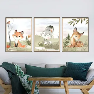 3er Set Poster Kinderzimmer Bilder Deko Junge Mädchen Poster Kinderbilder, Dschungel Tiere Wandbilder Babyzimmer Kinderposter (B,40x50cm)