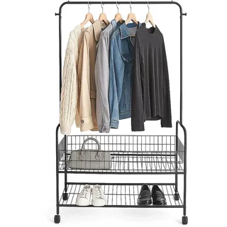 Relaxdays Kleiderständer mit 2 Ablagen, Kleiderstange, Kleiderhaken, HBT 165 x 90 x 30cm, Rollgarderobe, schwarz
