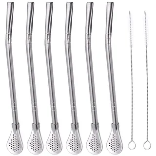 6 Stück Edelstahl Strohhalme Löffel Wiederverwendbar Strohhalme aus Metall mit Filterlöffel und 2 Stück Reinigungsbürsten, herausnehmbare gefilterte Löffel Trinkstroh, 18,5 cm / 7,28 Zoll