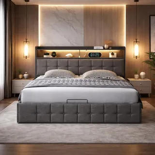 Polsterbett Doppelbett 140x190 cm, Hydraulisches Bett 140x190 mit Bettkasten und Lattenrost, Staufach-Kopfteil mit LED und USB Ladestation, Funktionsbett Rückenlehne Bett, Leinen