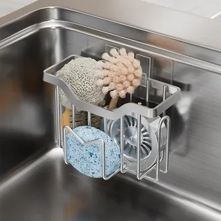Kaezuy 3 in 1 Spülbecken Organizer, Schwammhalter Küche Organizer, Edelstahl Sink Organizer Mit Klebstoff, Schwammhalter Spülbecken für Spülenstopfen, Spülschwämme, Bürste (Silber)