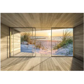 WallArena - Vlies Fototapete 3D-Fenster 416x254 cm - Fototapeten - Tapeten - für Wohnzimmer Schlafzimmer - Vliestapete Wandtapete Tapete 3D Effekt- inkl. Kleister - Sonnenuntergang