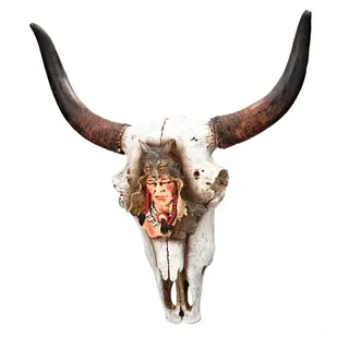 Figuren Shop GmbH Wanddekoobjekt Wanddeko - Totenkopf Kuh mit Ureinwohner Relief - Wilder Westen Büffel bunt