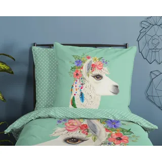 soma Bettwäsche Alpaka Lama Blumen pastell uni grün mint, Bettbezug Kopfkissenbezug Set kuschelig weich hochwertig grün