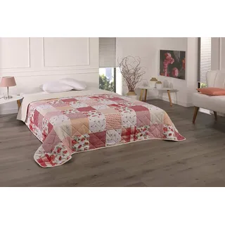 XXL Tagesdecke 220x240 cm Rose Patchwork Landhausstil – Bettüberwurf & Sofaüberwurf gesteppt, Quilt Tagesdecke für Doppelbett, weiche Überwurfdecke in Rot Orange Creme Beige, MEMORIES Patchwork