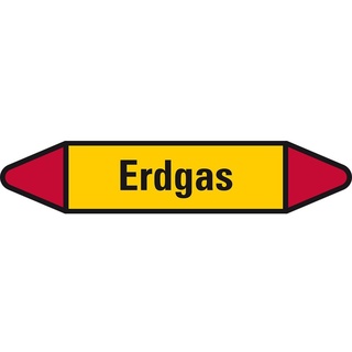 Dreifke Hinweisschild Rohrl.Etikett Erdgas, gelb/schwarz/rot, für Ø 25-40mm, 126x26mm, 5/Bog