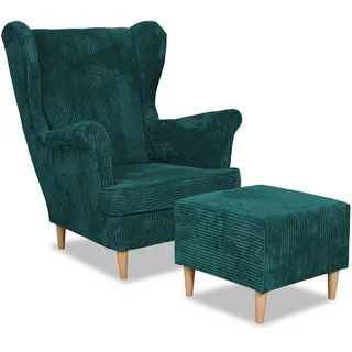 Family Meble Ohrensessel Cord mit Hocker, Modell Bonito, Skandinavisch, Relaxsessel aus Webstoff, Loungesessel, Sessel mit Fußstütze, Bequemer Sessel, Für Wohnzimmer, Esszimmer, Schlafzimmer, Grün