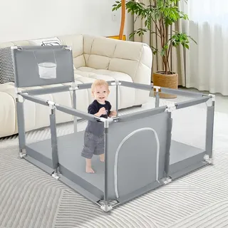 Laufstall Baby, Indoor & Outdoor Laufgitter Baby Große xxl Sicherheitsspielplatz Schutzgitter für Kinder mit Weichem Netz, Rutschfestem Oxford Bottom, 126 x 126 x 66 cm – Dunkelgrau
