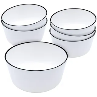 Melamin Müslischale 6er Set weiß mit schwarzem Rand - 700 ml - Salatschüssel aus Kunststoff für Camping und Picknick - Geschirr Set für 4 Personen Campingzubehör spülmaschinengeeignet bruchsicher