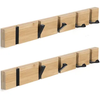 Garderobenhaken Holz 42cm mit 5 Haken - für Schlafzimmer, Flur & Eingang | 2 Stück Wand-Kleiderhaken – faltbare Haken, Montage ohne Bohren, belastbar bis 17 kg, passend für Jacken, Mäntel, Hüte&Schals
