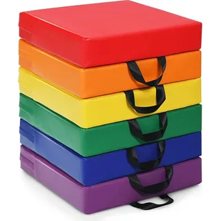 6 PCS Bodenkissen mit Griff, Rundkissen, Sitzerhöhung aus Schaumstoff und Kunstleder, Stuhlkissen Sitzkissen für Kinder zur Farberkennung (Quadrat) - Bunt