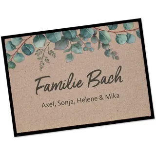 Herz & Heim® Personalisierte Fußmatte mit eigenem Wunschtext, Eukalyptus-Motiv, Innenbereich, rutschfest 60 cm x 40 cm (B/H)