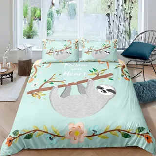 Niedlich Faultier drucken Bettwäsche 155x220cm Kinder Bettwäsche Set für Mädchen Jungen Frauen Faultier Tier Bettbezug Set Tropenpflanzen Blumenblätter Geäst Muster Betten Set mit 1 Kissenbezug