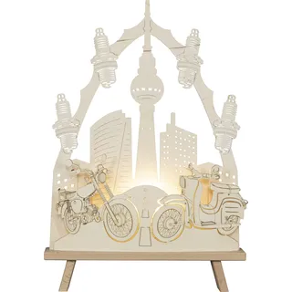 Rudolphs Schatzkiste Lichterspitze Moped-Motiv LED-Beleuchtung Natur BxHxT 37,5x44x6cm NEU Schwibbogen Lichterbogen Fensterbogen Spitzbogen Erzgebirge Weihnachten Bergbau Bergmann Licht Holz