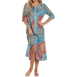 LUZBOSE Damen-Morgenmantel, Loungewear-Kleid, Reißverschluss-Shirt, lockerer Pyjama, Leichter Bademantel(M, Blue Flower)