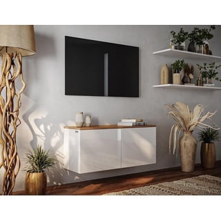 Platan Room Lowboard LUNA, 90 oder 180 cm Sideboard Hängend oder Stehend ganz in Hochglanz weiß 90 cm
