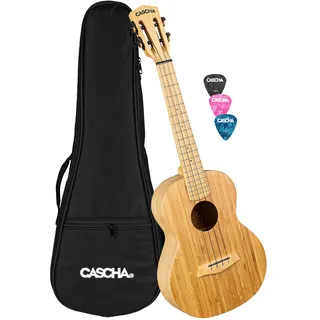 Cascha Bamboo Natural Tenor Ukulele Erwachsene & Kinder - inkl.3 Plektren & gepolsterte Tasche - Bambus-Ukulele für Anfänger oder Fortgeschrittene - hochwertige Carbon-Saiten - Top Qualität