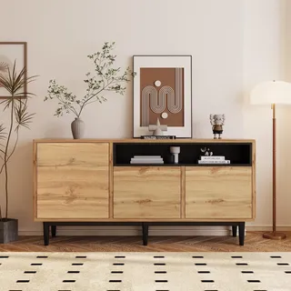 BTM Sideboard Holz & Skandinavischen Stil, Kommode mit 3 Türen & Verstellbare Regalen, Schubladenkommode Schrank, Lang Flurschrank für Flur Schlafzimmer Wohnzimmer, Breit 160 x35x76 cm, Eiche