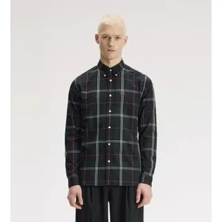 Fred Perry für Herren. M3456 Grünes Popeline-Hemd mit Karomuster (L), Lässig, Baumwolle, Langarm