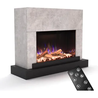 GLOW FIRE Kaminofen PR4 mit realistischem 3D E-Motion LED-Feuer - Stand-Elektrokamin mit Heizung, Kaminfeuer & Timer, max. 1500 W, 126x97x43 cm, Beton