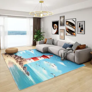 Teppich mit Leuchtturm - Teppich Wohnzimmer Schlafzimmer Nautisch, Großer Teppich Maritim, Weich Kurzflor & Waschbar & rutschfest Wohnzimmerteppich, Bettvorleger 140x200 cm