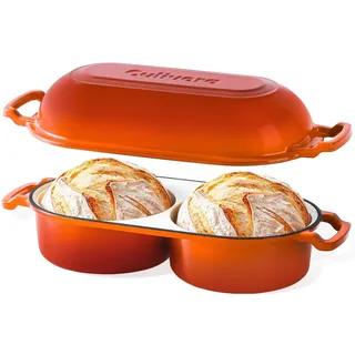 Gusseisen Brotbackform mit Deckel, Emaille, Doppel-Backform Ø16,5 cm | Mini Dutch Oven für Sauerteigbrot und handwerklich gebackenes Brot. Orange