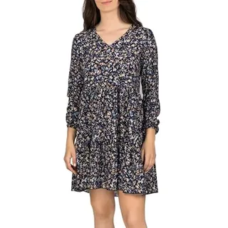 DENIMFY A Linien Kleid Damen DFIda Midikleid Kleider Strandkleid Sommerkleid Sommer Blumenmuster Elegant Langarm Knielang V-Ausschnitt, Größe:L/XL, Farben:Mille Fleur Blue - L-XL