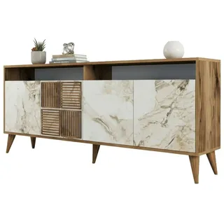 Dmora Konsolentisch Dpogg, Ausziehbarer Mehrzwecktisch, Eingangskonsole, Regal mit Erweiterungen, 180x35h79 cm, Nussbaum und Weißer Marmor