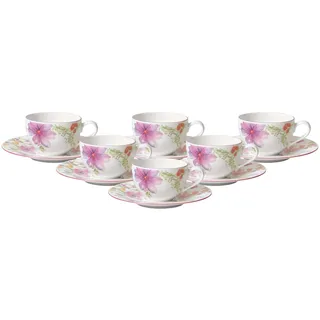 Villeroy & Boch Mariefleur Basic Kaffeetasse mit Untertasse, 250 ml, Kaffee-Set mit floralem Blumen-Dekor, Premium Porzellan, 6er Set
