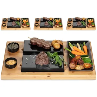BEEFSTONE Heißer Stein Lavastein Steak-Brett 4er Set DUE – Hot Stone Steingrill-Set mit Bambusbrett, Lavastein und Porzellanplatte, Fleisch und Fisch direkt auf dem heißen Stein grillen