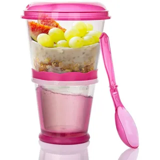 Goods+Gadgets Aufbewahrungsbecher GOODS+GADGETS Müsli To-Go Becher 2in1 mit Kühlfach & Klapp-Löffel, (Milchkühlfach & Klapp-Löffel), Joghurt 2-Go Reise-Becher rot