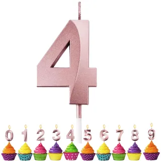 Geburtstagskerzen Zahlen 4, VUCDXOP 5cm Roségold Geburtstagskerzen 4, 3D Geburtstagskerzen, Geburtstag Tortendeko, Geburtstag Kuchendeko, Geburtstag Kerzen Kinder für Geburtstag Jahrestag Partys