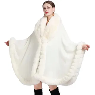 Cool&D Damen Poncho Cape Winter Umhang Strickjacken mit Kunstfell Kragen - Einheitsgröße Tall