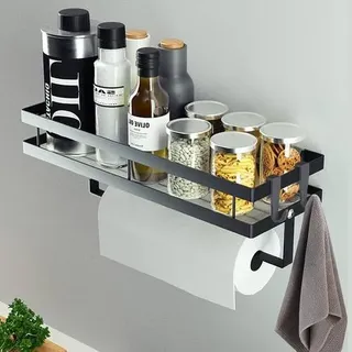 CZKDTT Gewürzregal,Küchenregal wand ohne Bohren,Gewürzregal Hängend Mit Küchenrollenhalter und 4 Haken,küchen organizer schublade,küchenutensil